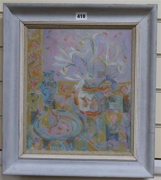 June Miles, oil on canvas, Table top still life, signed verso and dated 86, 35 x 29cm